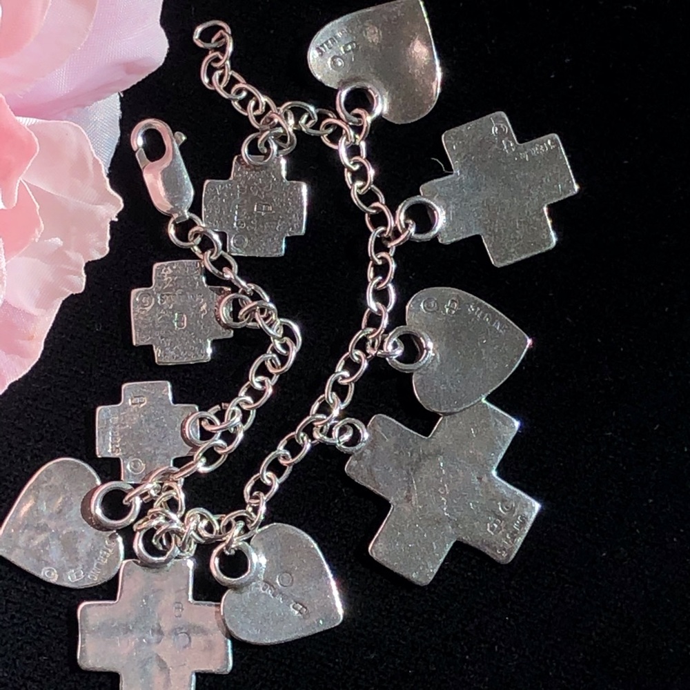 Sterling Silver Charm Bracelet w/Hearts&Crosses - Picture 5 of 7